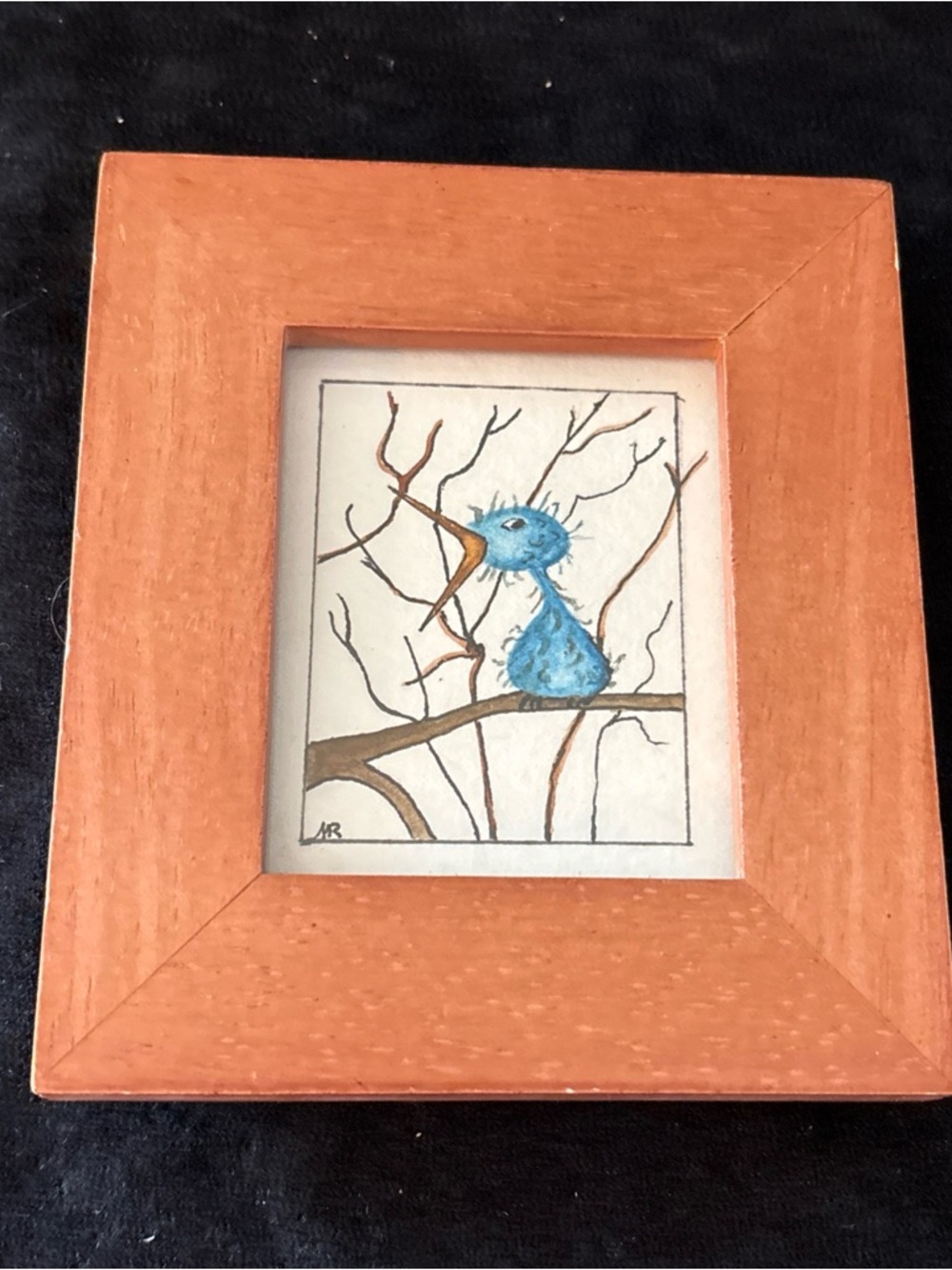Whimsical Hungary Blue Bird Art in Wood Frame
